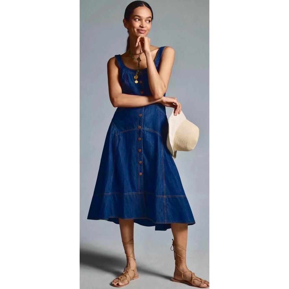 Pilcro Anthropologie Denim Button Down Pinafore Midi Dress Blue Cotton 2X